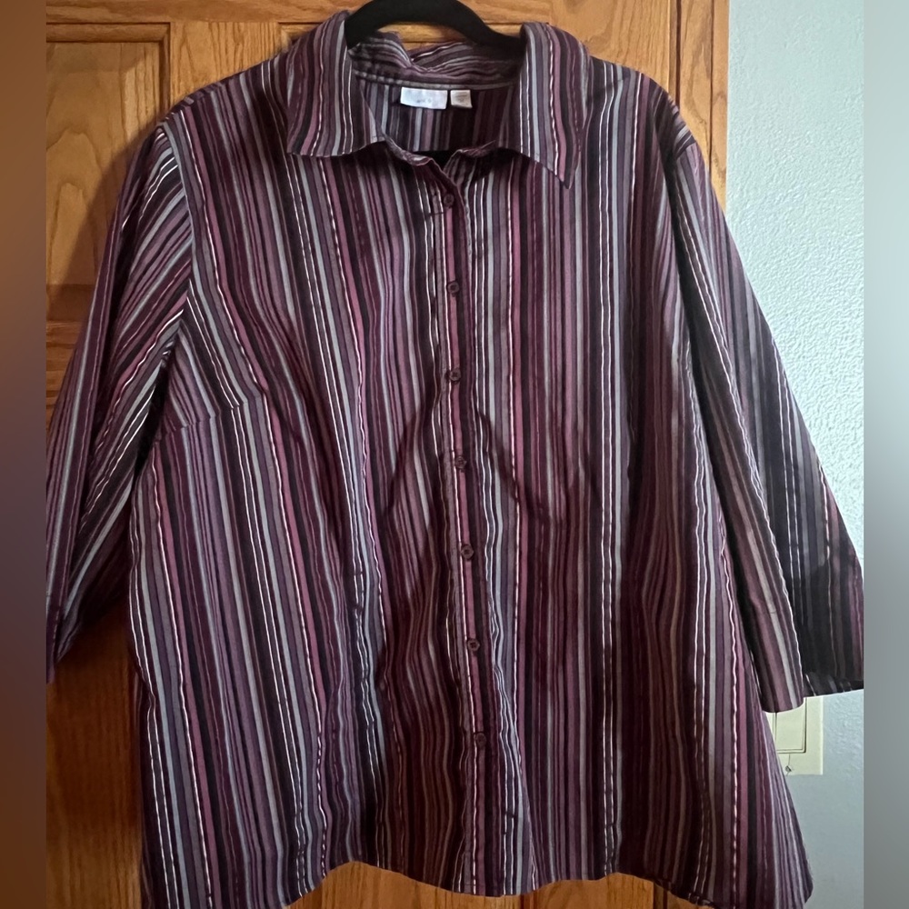 Plus size 3/4 sleeve blouse, Apt 9 Women 3X, stripes of purple, grey and silver
